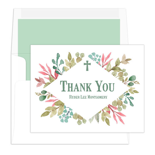 Teal Greenery Diamond Folded Thank You Note Cards